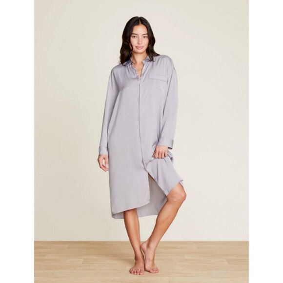 💕BAREFOOT DREAMS Washed Satin Piped Nightshirt Love Embroidery Dove Gray XL NWT - Picture 2 of 16